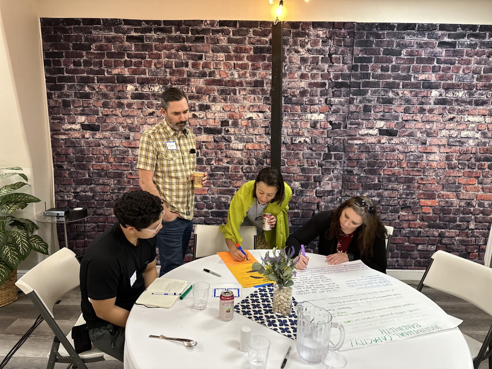 Four Butte Resilience Collaborative participants gathered around a table, writing on a flip chart headed "Institutional Capacity" during a working session.