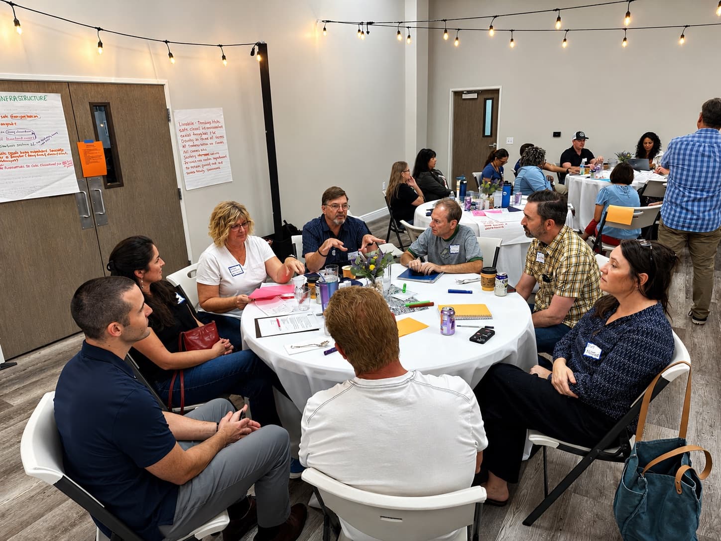 A full room of Butte County partners seated at round tables in discussion, with hand-written flip charts on infrastructure taped to the wall beside them.